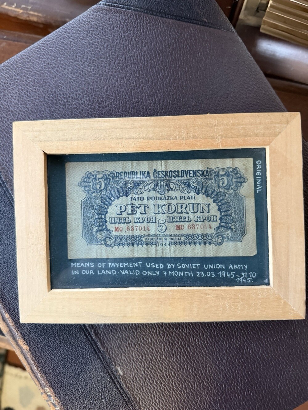 Czechoslovakia 1944 5 Korun Banknote Framed Display, Uncertified Banknotes